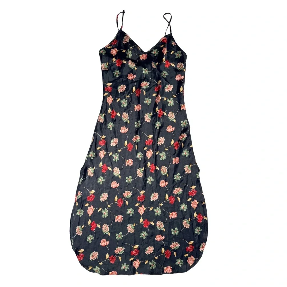Corinna 90's Floral Slip Dress‎ Women Small Black Excellent Side Slits